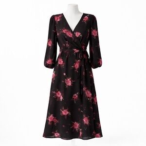 Size M Elaine Rose Women’s Black Pink Floral Wrap Midi Dress